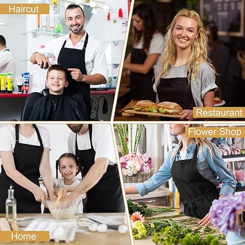 Miniatura 7 de Paquete de 3 delantales negros para mujer con bolsillos, delantal de cocina ajustable resistente al agua, babero unisex para chef, hombres y mujeres