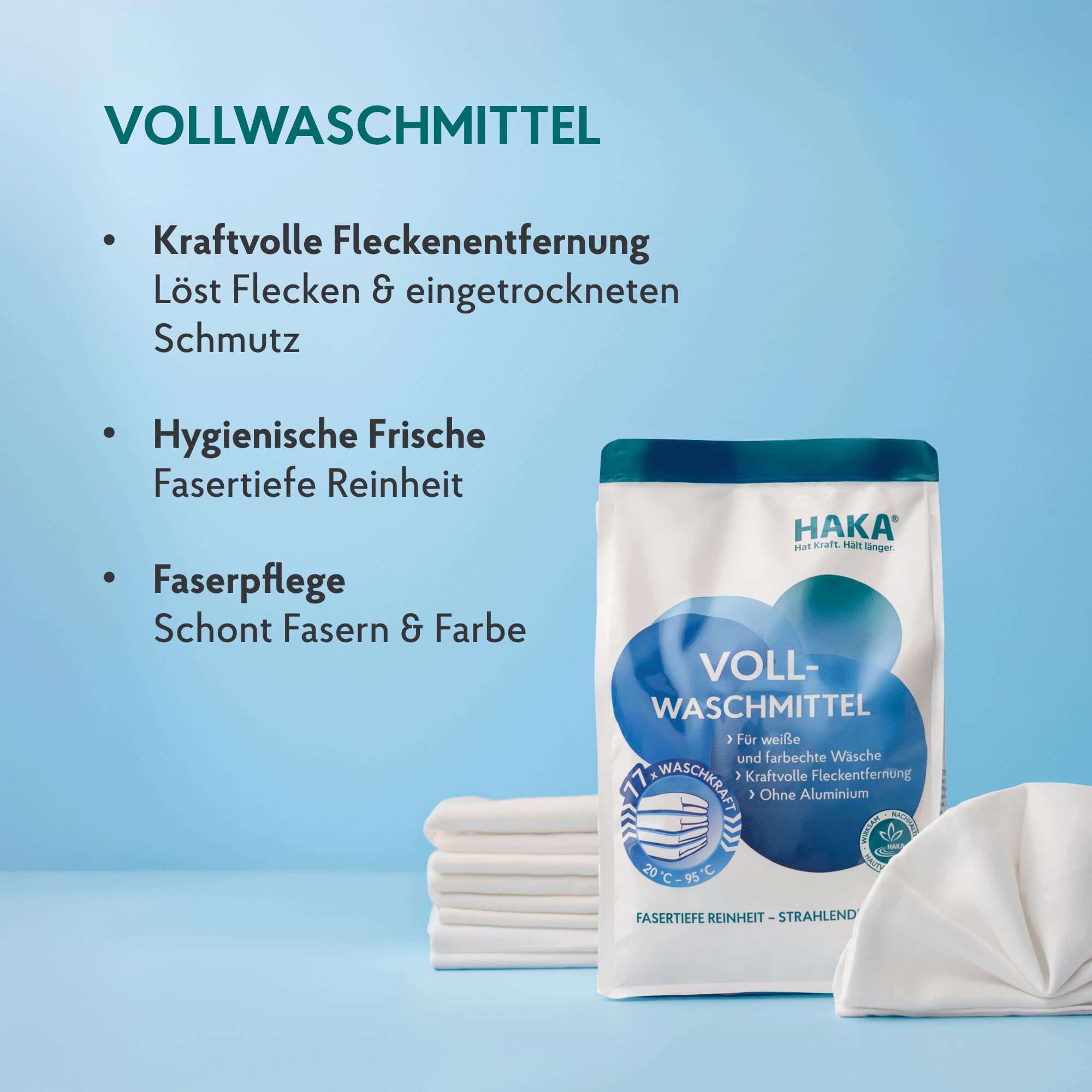 HAKA Vollwaschmittel Pulver, 3 kg (77 WL), kraftvolle Fleckentfernung für strahlend weiße & farbechte Wäsche, Universalwaschmittel, hygienische Frische, vegan, hautfreundlich