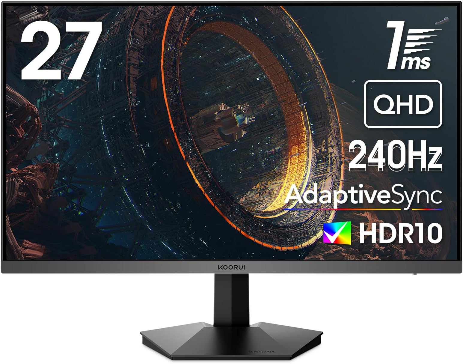 KOORUI 27 Inch Gaming Monitor, QHD1440P, 240Hz, VA, 1ms, Adaptive Sync Compatible, Tilt Adjustable, Eye Care GN05