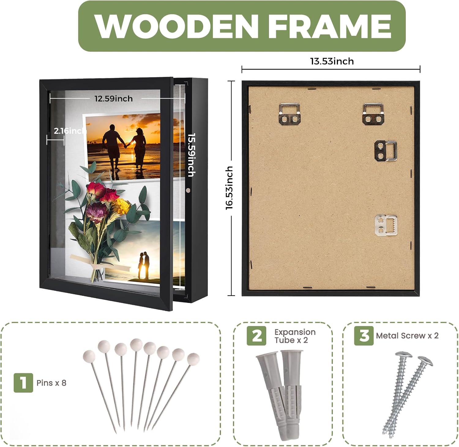 Muzilife 13x16 Shadow Box Picture Frame - 2.16" Interior Deep Wood & Glass Display Case Ready to Hang Memory Box Baby Sports Memorabilia, Pins, Awards, Tickets, and Photos (Black)