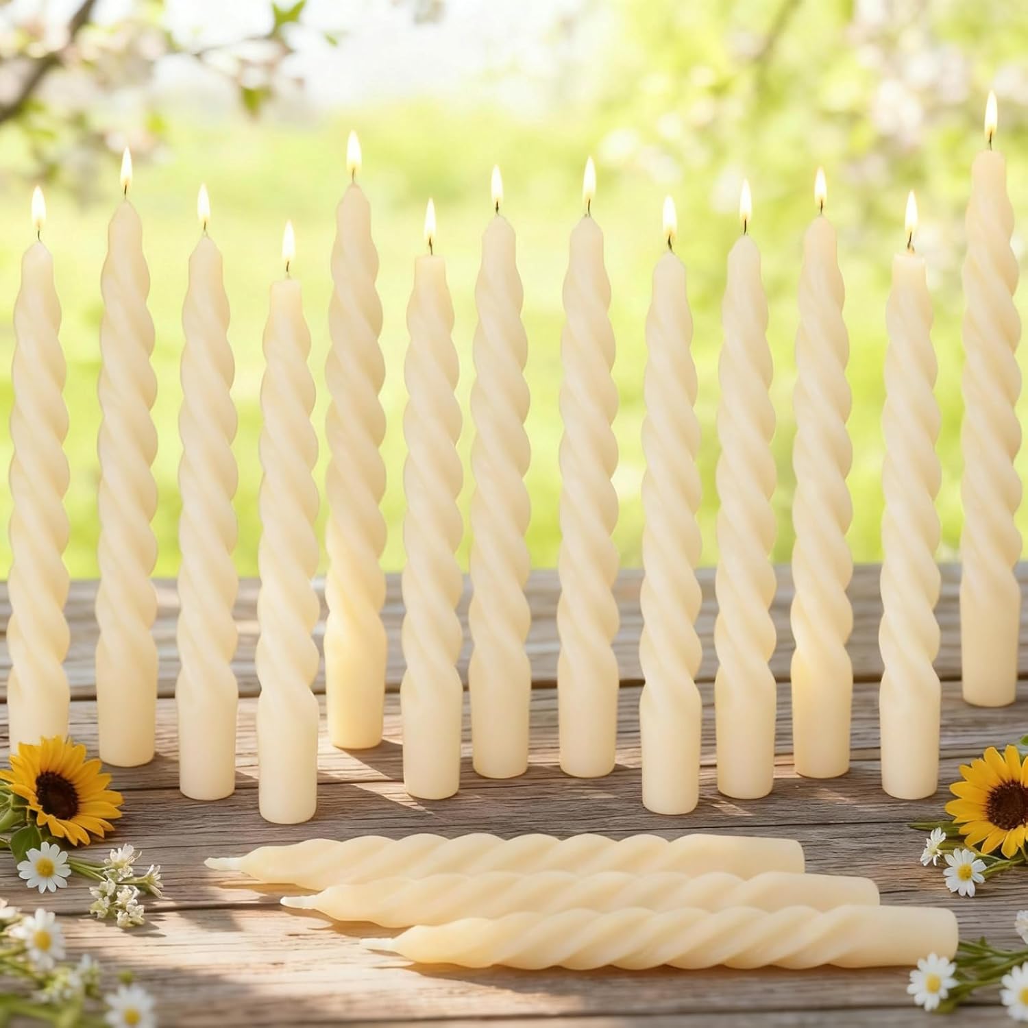 16PCS 7-Inch Pure Beeswax Spiral Taper Candles, Twisted Stick Candles, Dripless & Unscented for Weddings, Christmas, Dinner, Meditation - White