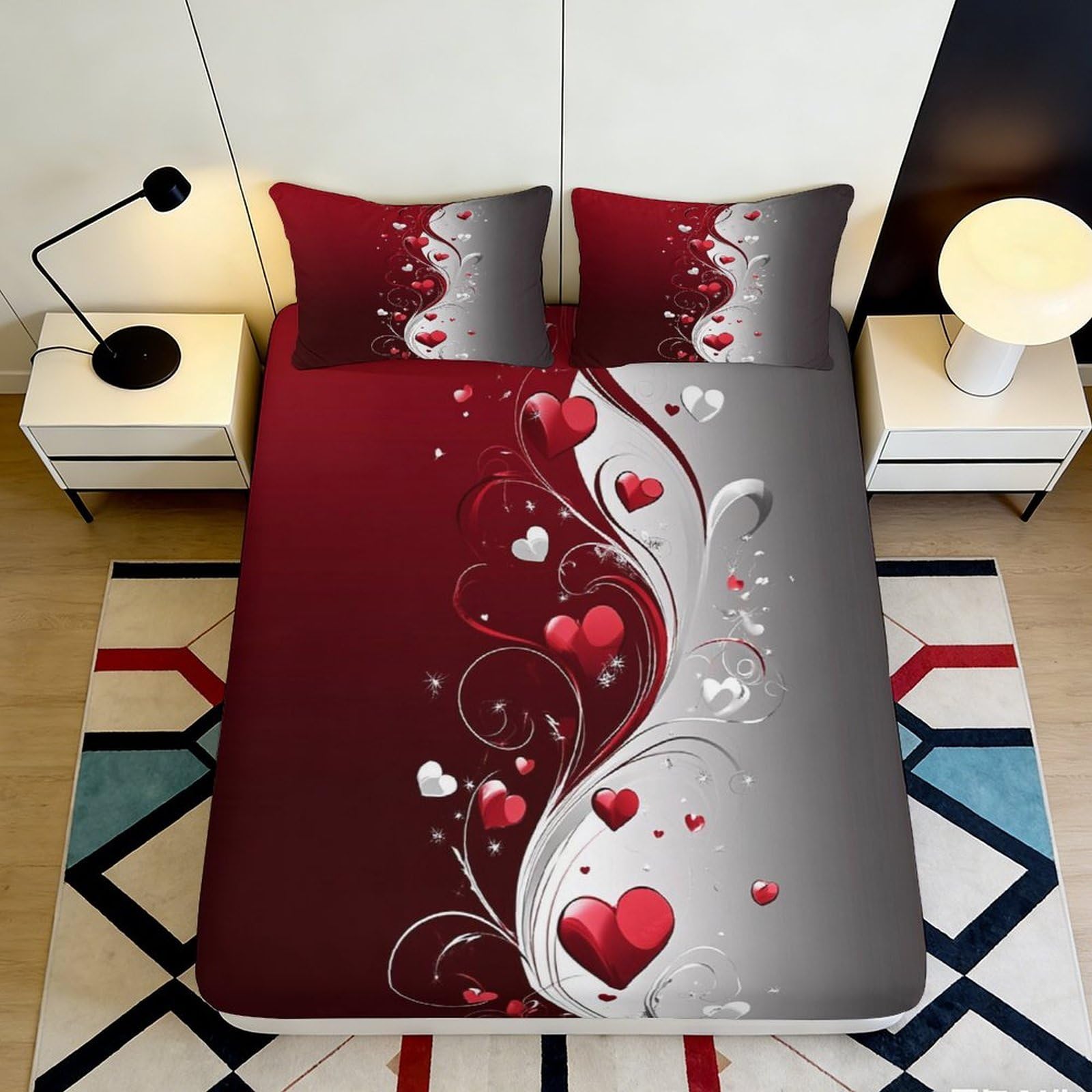 3D Printed Romantic Red Heart Fitted Sheet Microfiber Soft Anti-Slip Love Swirl Mattress Cover Bedroom Decor 200x200x25cm