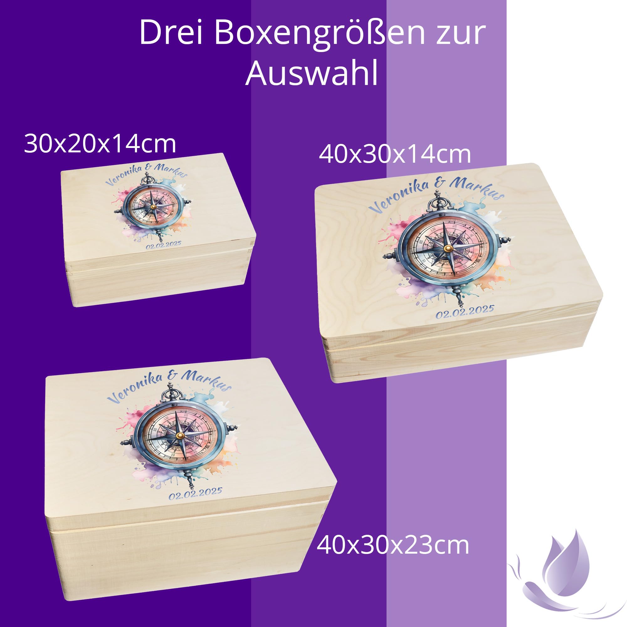 Erinnerungsbox personalisiert zur Hochzeit mit Druck farbig Kompass Regenbogen Aquarell 40x30x23cm - Hochzeitstag Holzkiste Erinnerungen