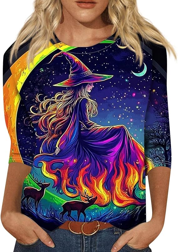 Halloween Shirts for Women 3/4 Sleeve Plus Size Crewneck Loose Fit Cute T Shirt Halloween Costumes for Women 2025