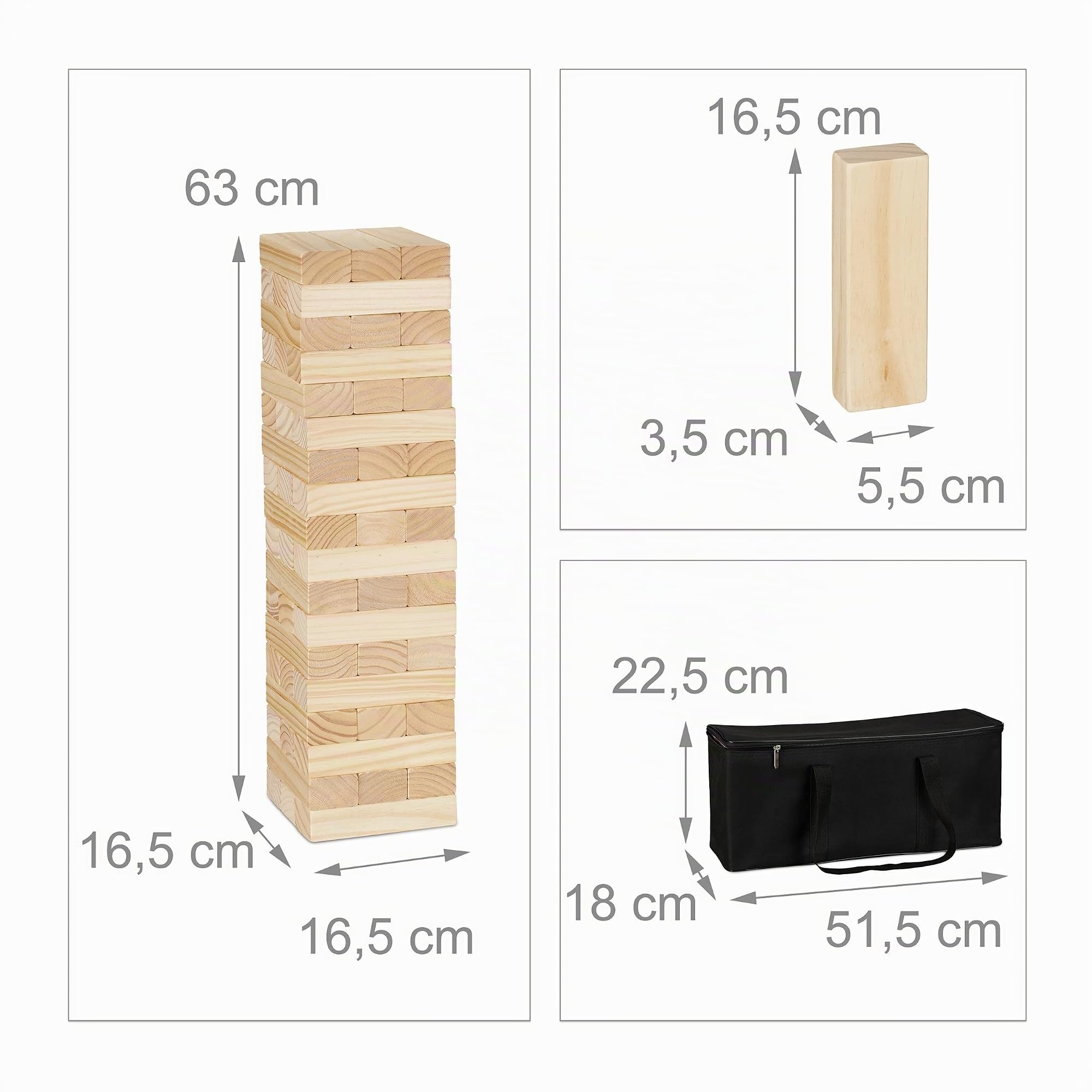 Relaxdays Torre Traballante XL, Gioco Grande, Giardino, 54 Mattoncini con Custodia, Bambini, Adulti, Legno, Naturale