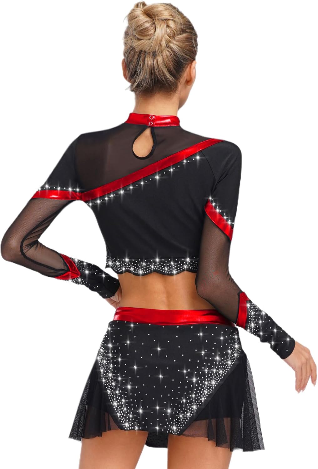 ACSUSS Womens 2 Piece Cheerleading Outfits Long Sleeve Crop Tops & Dance Skirt Set For Musical Party
