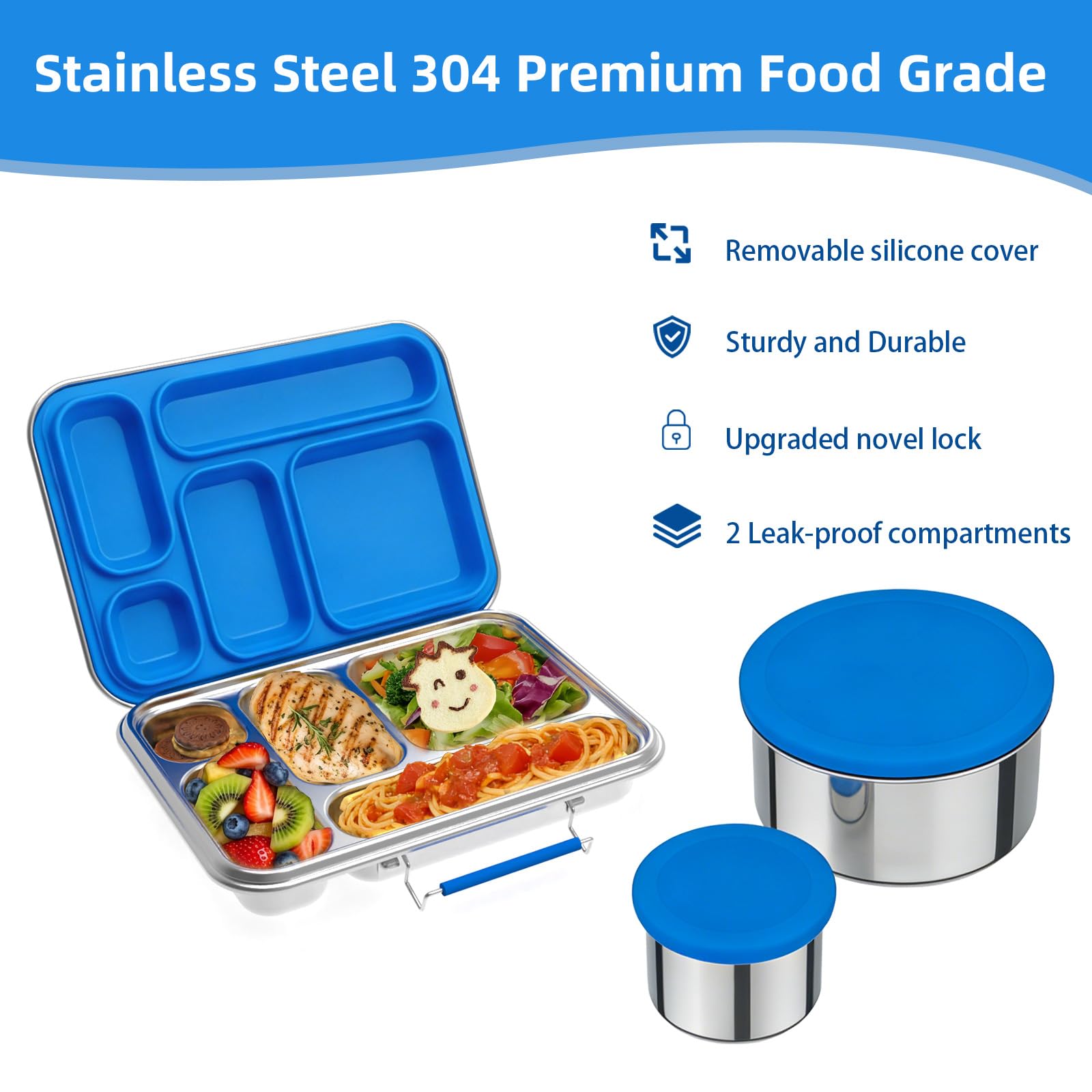 Caja Bento de acero inoxidable para adultos, 5 compartimentos, resistente a fugas, contenedor de almuerzo de acero inoxidable con 2 recipientes, apto para lavavajillas, diseño para picnics de oficina
