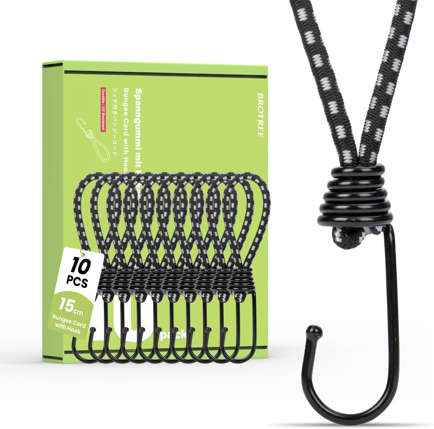 Brotree Bungee Cords with Hooks 10 Pack 15cm Bungee Hooks Small Bungee Rope with Hooks for Tarpaulins, Tents, Tarp and Fixing - Black and White