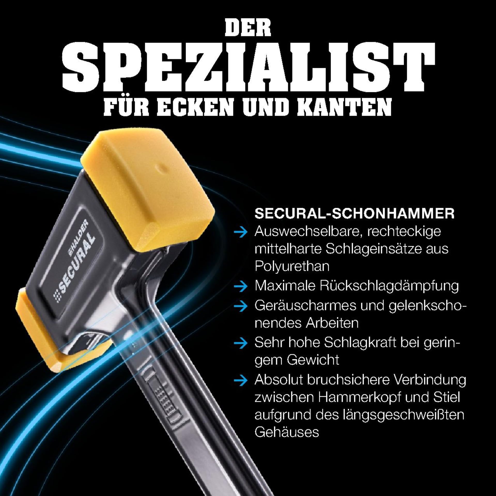 SECURAL plus-Schonhammer, Kopf und Stiel bruchsicher aus einem Stück Stahl, Schlageinsätze rechteckig, mit speziellem Griffende | L=30 mm/B=40 mm | 3380.140
