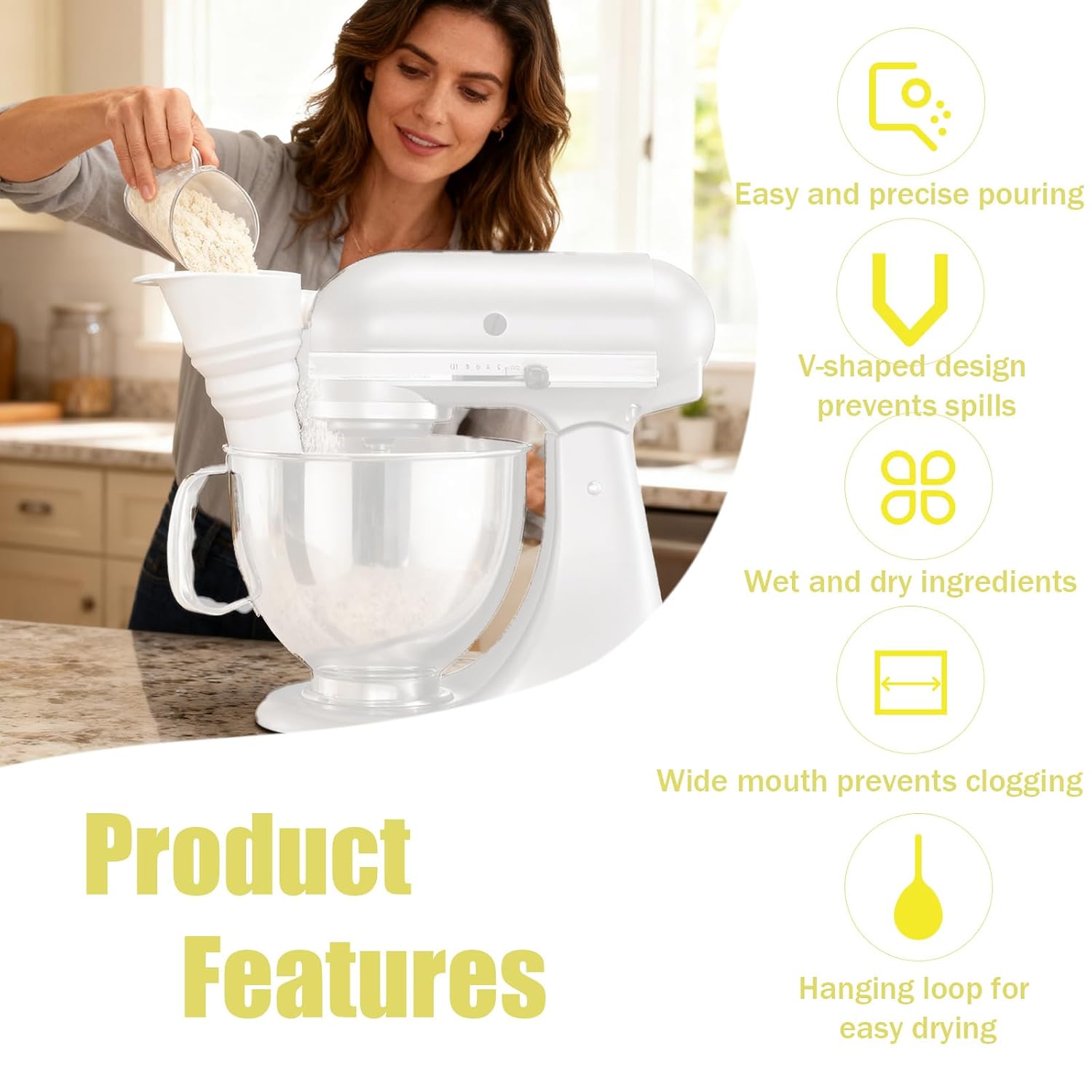 Flour Funnel for Artisan KSM150 Mixer, Silicone Tilt-Head Stand Mixer Attachment Funnel Accessories with Guided Pouring Design for Adding Flour & Liquid (White) image 3