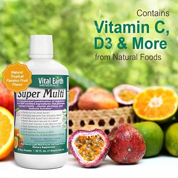 Vital Earth Minerals Super Multi Liquid Multivitamins for Women, Men & Kids, Liquid Vitamins with Fulvic Acid for Better Absorption, MTHFR Support, 32 Oz + 1 Oz Cup