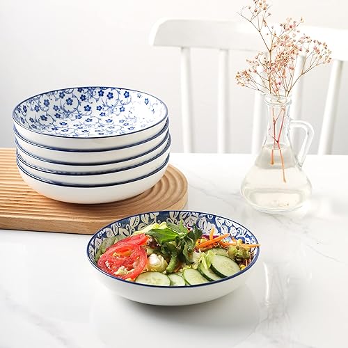 Miniatura 6 de Selamica Cuencos de porcelana para pasta y ensalada, aptos para microondas y lavavajillas, resistentes y apilables, 26 onzas, juego de 6, azul