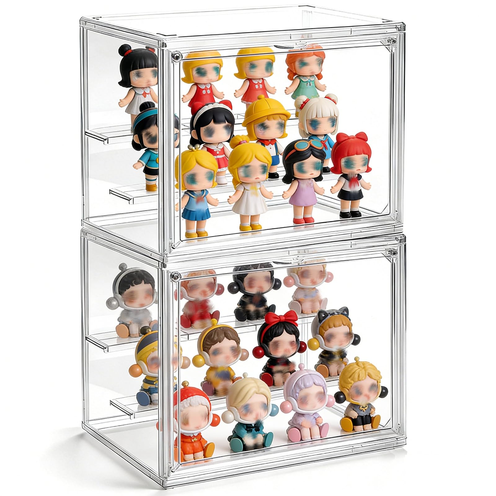 Paquete de 2 vitrinas acrílicas transparentes, caja de exhibición ajustable de 3 niveles, escaparate coleccionable con puerta magnética, estante de almacenamiento de figuras, organizador