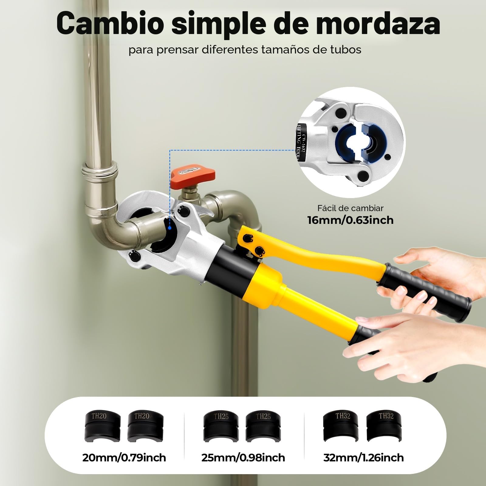 Alicates de prensa hidráulica TH 12 tonos, 16-32 mm, mordazas de presión 360° para tubos compuestos y accesorios