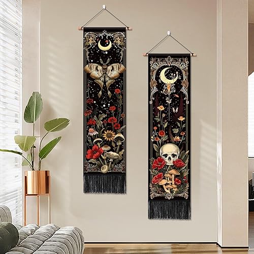 Miniatura 3 de ARTCREATOR Paquete de 2 tapices verticales góticos de brujas para decoración de dormitorio, polilla y luna, calavera, hongos, tapices verticales