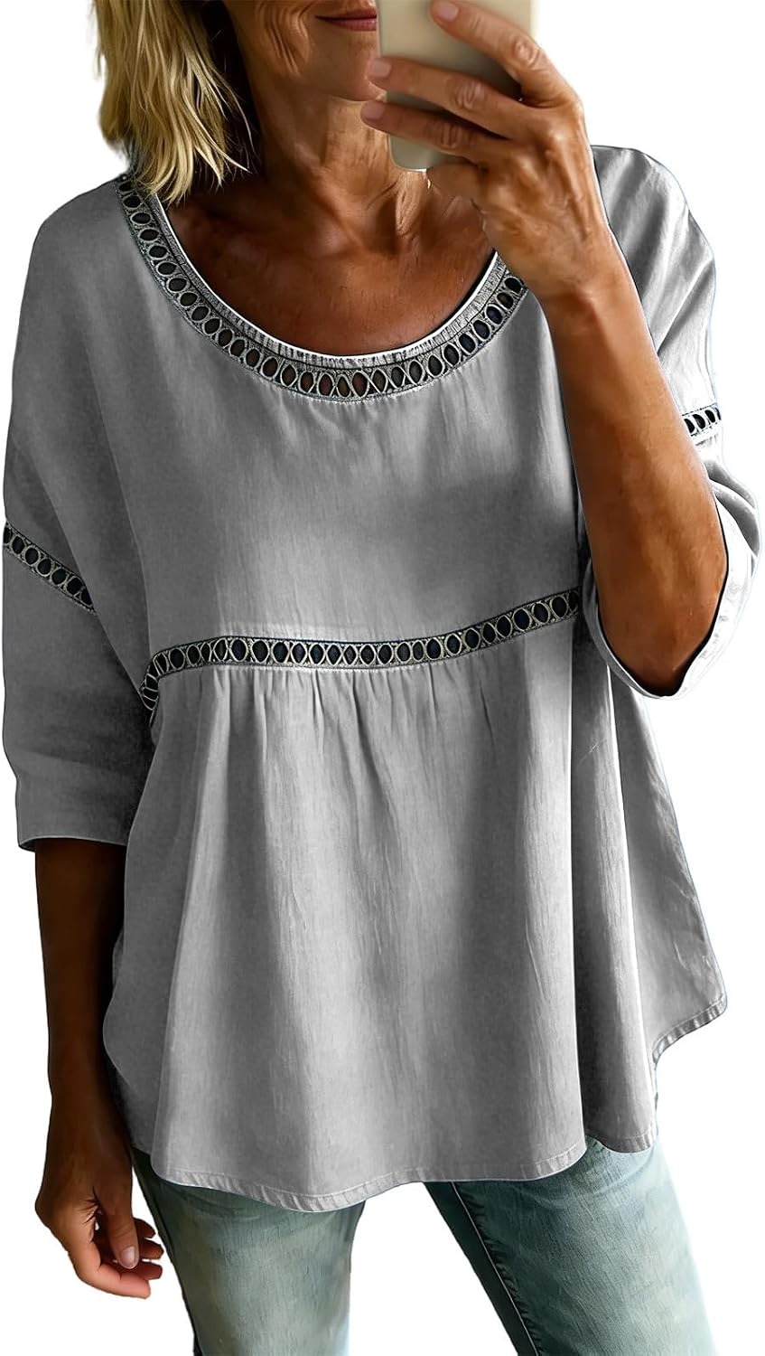 3/4 Sleeve Length Tops for Women Lace Patch Casual Dressy Blouses Vintage T Shirts Round Neck Loose Fit Tunic