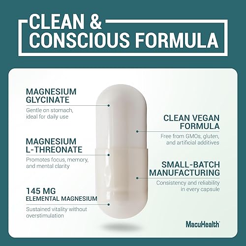 Miniatura 4 de MacuHealth Glicinato de magnesio y L-treonato de 145 mg  90 cápsulas  Magnesio altamente absorbible para energía, calma y concentración  Suave con