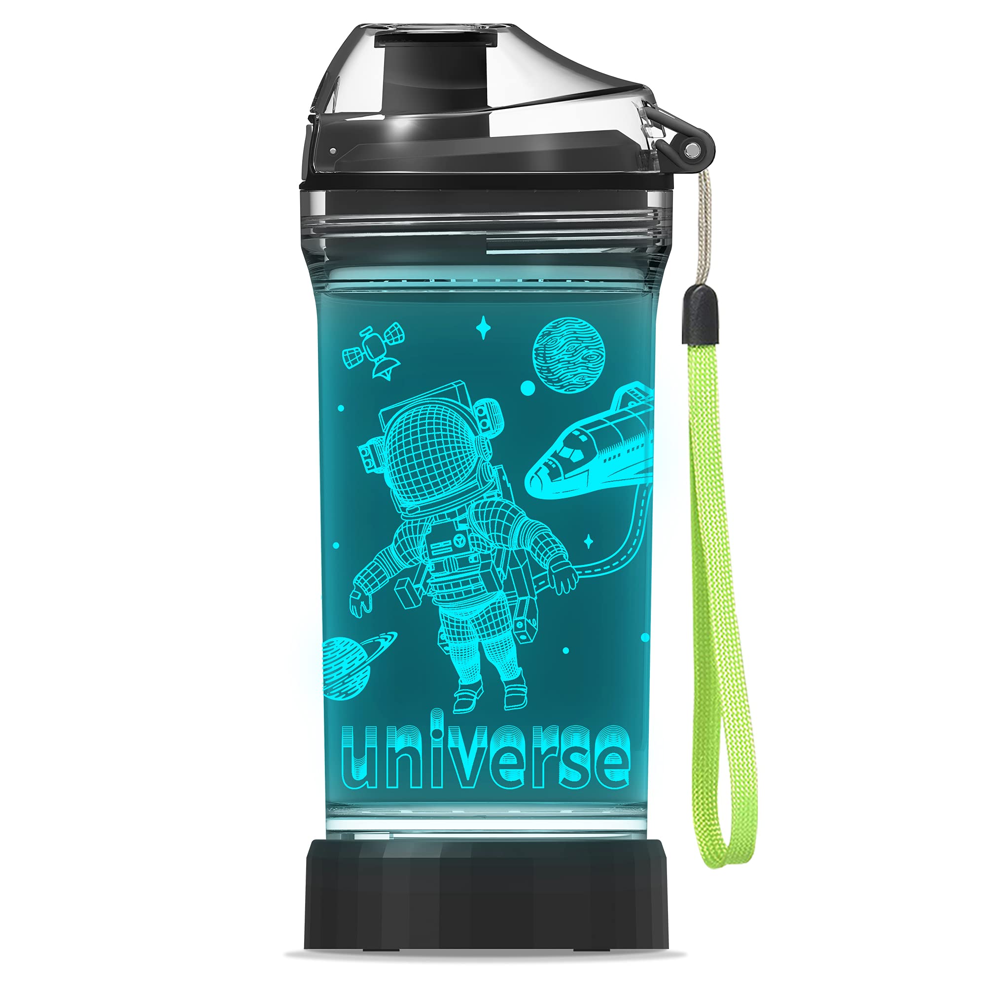 Cute Astronaut Water Bottle for School Kids,7 Color Light 3D Glowing Drinking Cups, BPA FREE Tritan & Leak Proof Flip Top Lid & Easy Clean & Carry Handle, 14oz/ 400ml (Spaceman, 14oz)