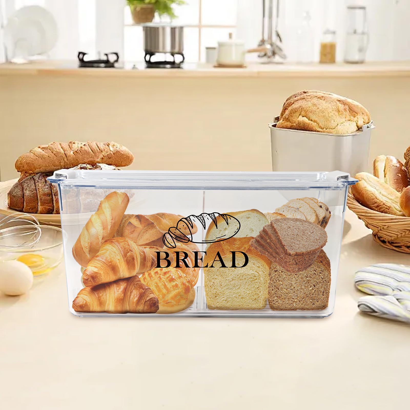 Contenitore per pane in PET trasparente con divisorio e coperchio ermetico – Contenitore per pane senza BPA con chiusura a clip, impilabile per toast, dolci, bagel – contenitore da cucina