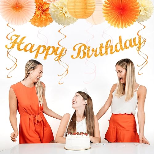 Miniatura 7 de Decoraciones de fiesta de primer cumpleaños de color naranja y melocotón, 31 piezas de 20 piezas para mujeres y niñas, faroles de papel bohemios con