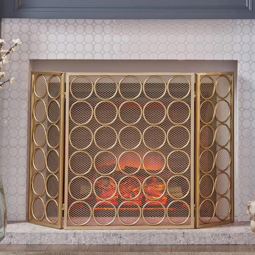 Tri-Fold Wrought Iron Fireplace Screen with Circle Pattern & Mesh Spark Guard - Home Safety Fence Protection for Fireplace (Color: N)