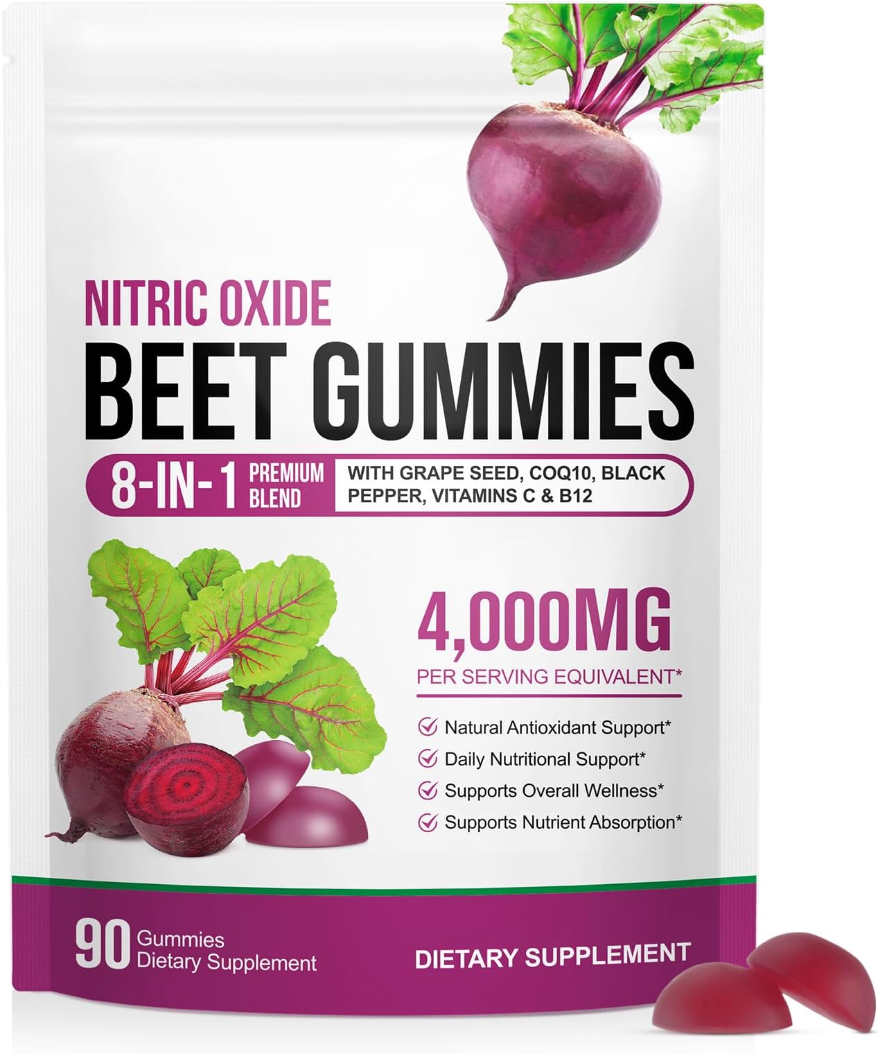 Beet Root Gummies, 8 in 1 Super Beet Root Supplement with CoQ10, Grape Seed Extract, Vitamin C and B12, Support Blood Pressure, Heart Health, Energy Level, 90 Chews