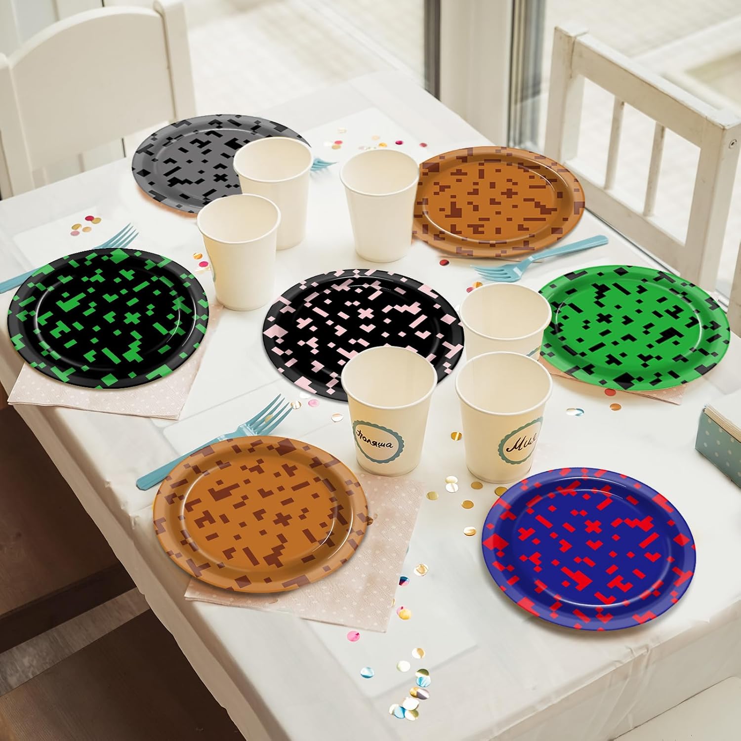 48PCS Pixel Party Paper Plates 7" Video Game Themed Dessert Plates Disposable Pixelated Plate Tableware Dinnerware Decorations for Video Game Happy Birthday Baby Shower Supplies - Image 4
