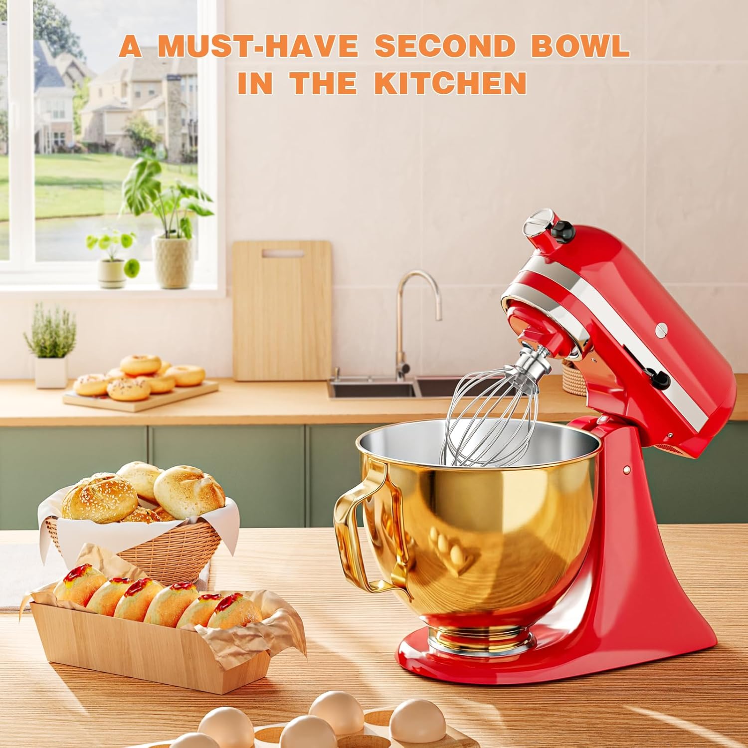 5 QT Food-Grade Stainless Steel Mixer Bowl Compatible With KITCHENAID TILT-HEAD STAND MIXERS 4.5-5 Quart, with Anti-slip handle & Prominent Clasp, Stainless Steel Polished, Gold