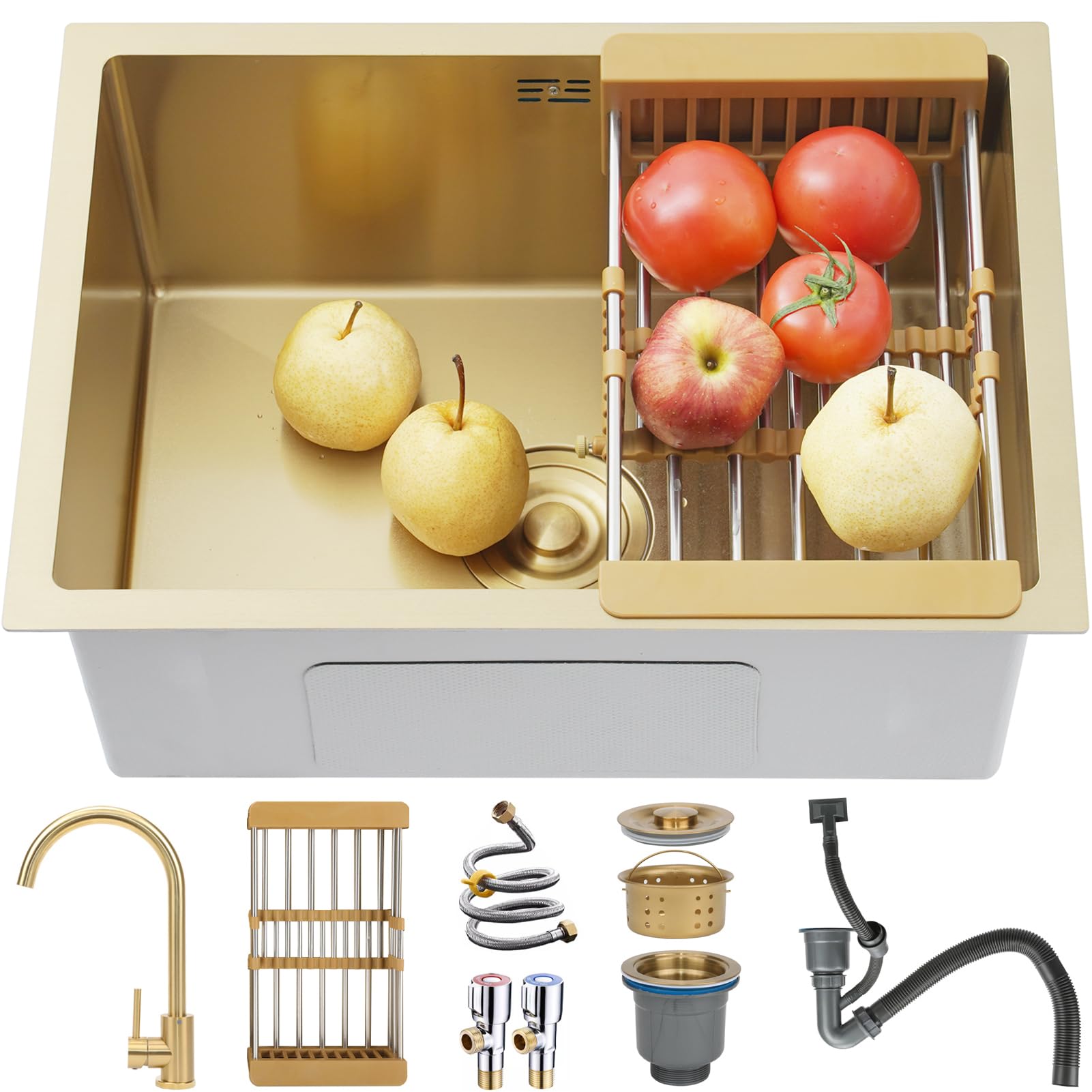 Fregadero de cocina para espacios modernos con grifo de diseño dorado