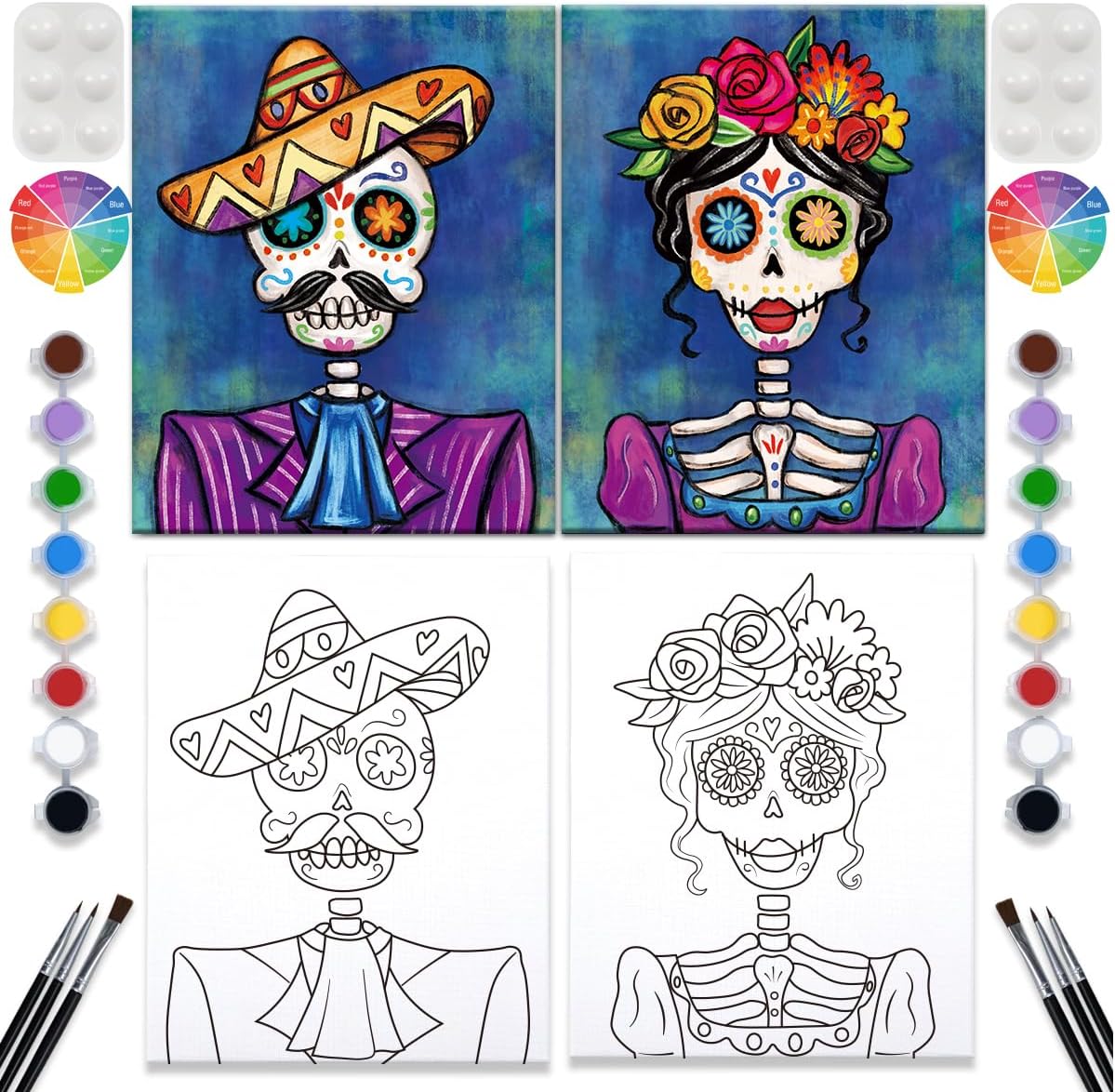 VALLSIP 2 Pack Paint and Sip Canvas Painting Kit Pre Drawn Canvas for Painting for Adults Stretched Canvas Couples Games Date Night Paint Party Anniversary Valentines DayDay of the Dead Easel