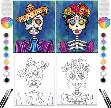 VALLSIP 2 Pack Paint and Sip Canvas Painting Kit Pre Drawn Canvas for Painting for adults Stretched Canvas Couples Games Date Night Anniversary Paint Party Supplies Favor Day of the Dead 8x10