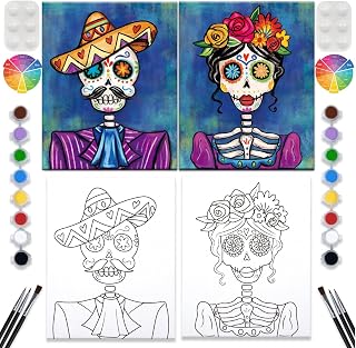VALLSIP 2 Pack Paint and Sip Canvas Painting Kit Pre Drawn Canvas for Painting for adults Stretched Canvas Couples Games Date Night Anniversary Paint Party Supplies Favor Day of the Dead 8x10