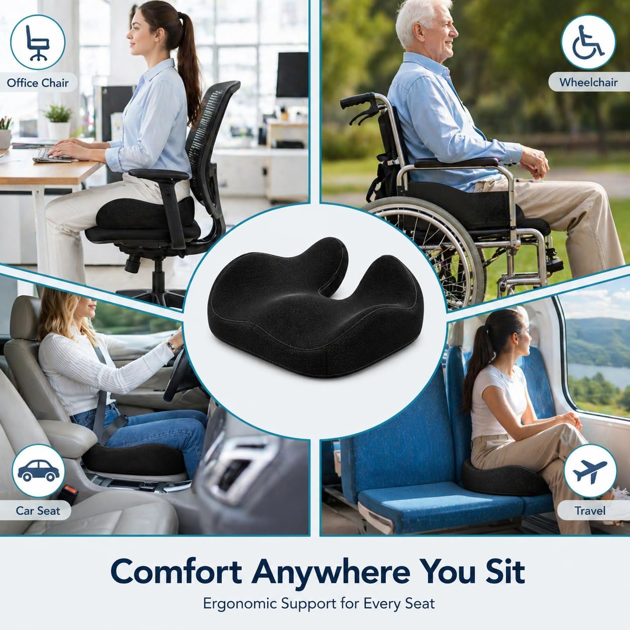 CXC Tailbone Pain Relief Seat Cushion, Coccyx Memory Foam Cushion for Sciatica & Pressure Relief, Ergonomic Seat Pad for Office Chair, Car & Wheelchair, Non-Slip (Black - Breathable Mesh)