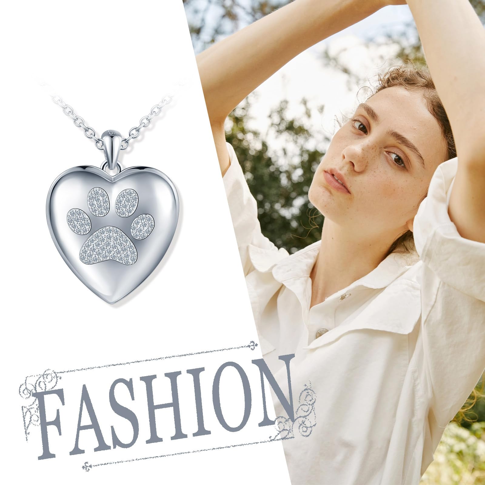 Collana da donna in argento 925, con ciondolo a forma di cuore, ciondolo a forma di cuore, con impronta di cane e zirconi, medaglione con foto