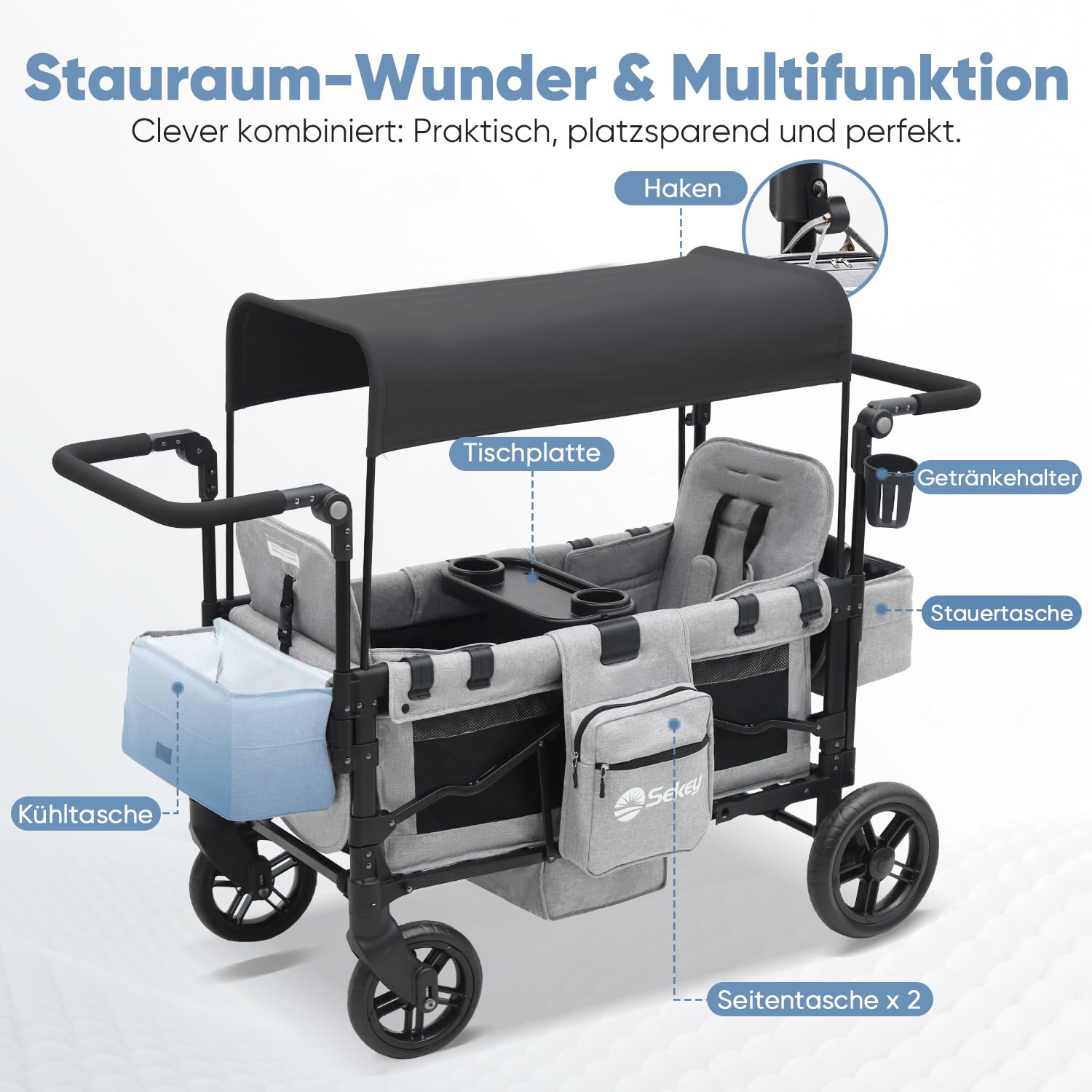Sekey Bollerwagen Kinder Zwillingsmodus, Bollerwagen Faltbar mit Dach 2 Kinder, Duo Schiebegriff Kinderwagen Doppelsitz mit 2 integrierten 5-Punkt-Gurtsystem, Zwillingskinderwagen (Grau, Premium)