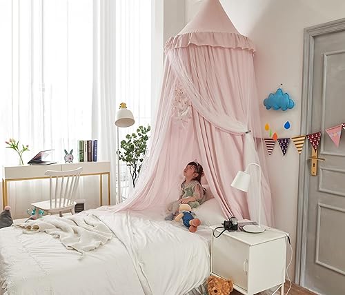 Miniatura 3 de VETHIN Toldo de cama para niños con luces, doble capa de cúpula redonda de princesa para niños, mosquitera de ensueño, habitación de niñas,