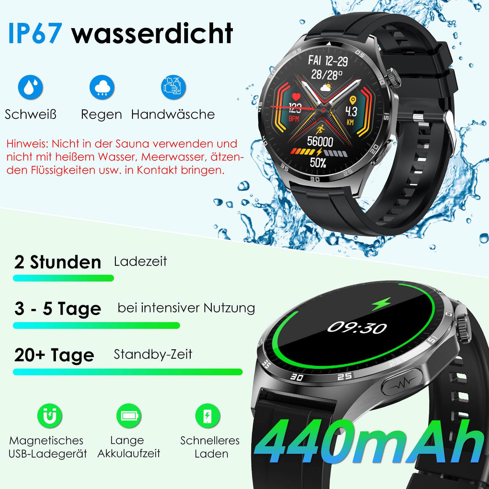 2026 Neu Smartwatch Herren mit EKG/Blutdruck/Harnsäure/Schlaf-Monitor/Emotion/Stimmung/BMI Rund 1,43"AMOLED Gesundheitsuhr mit Herzfrequenz SPO2,Bluetooth-Anrufe SOS-Notruf Fitnessuhr für iOS/Android