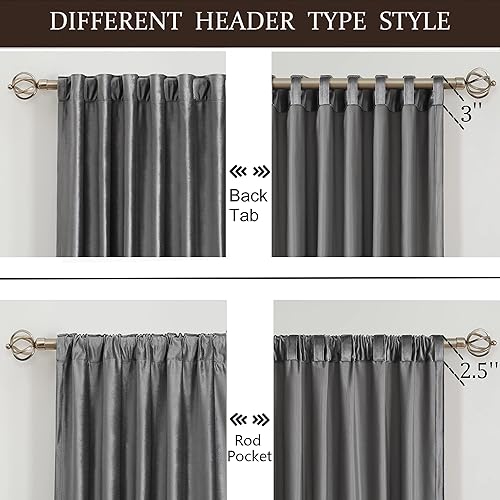 Miniatura 2 de PRIMROSE Cortinas 100% opacas de terciopelo gris de 84 pulgadas de largo para sala de estar, juego de 2 paneles de forro con bolsillo para barra,