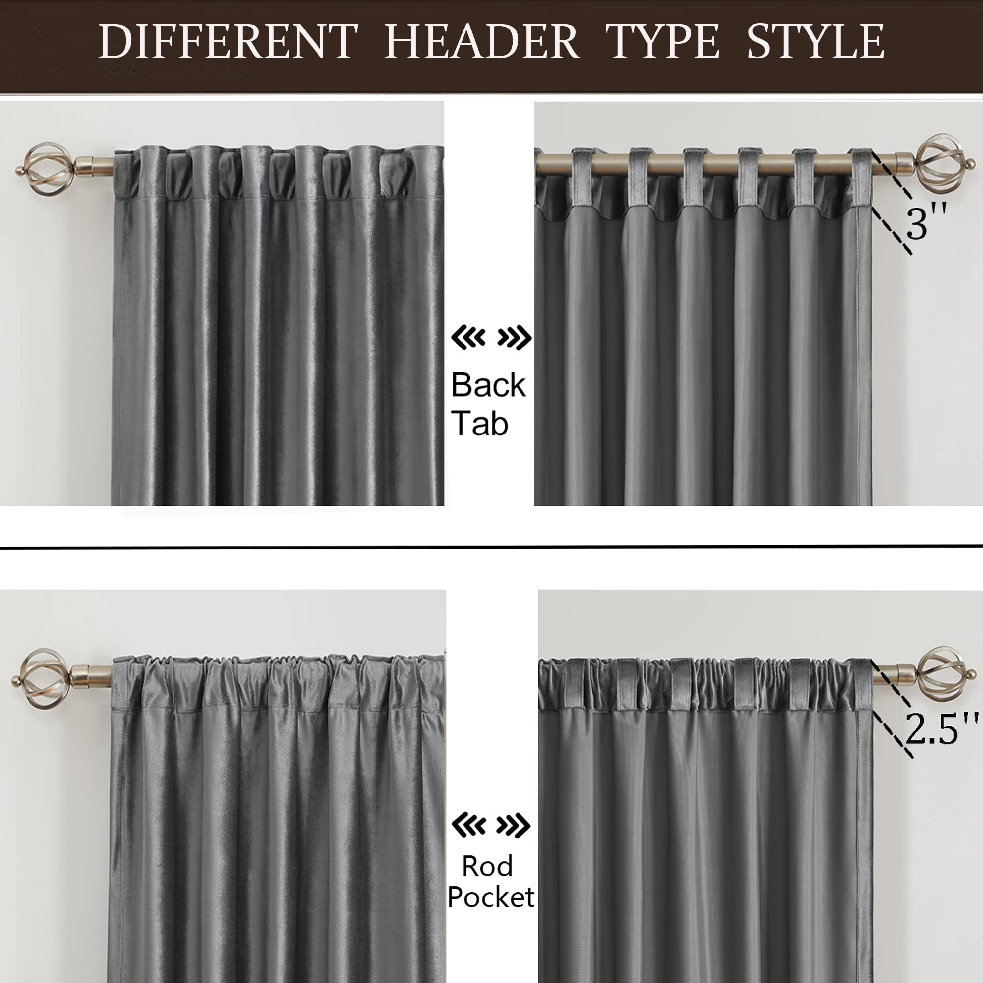 PRIMROSE 100% Blackout Grey Velvet Curtains Drapes 96 inch Long for Living Room,Set of 2 Panels Liner Rod Pocket Back Tab Thermal Window Curtains Room Darkening Heavy Decorative Curtains for Bedroom