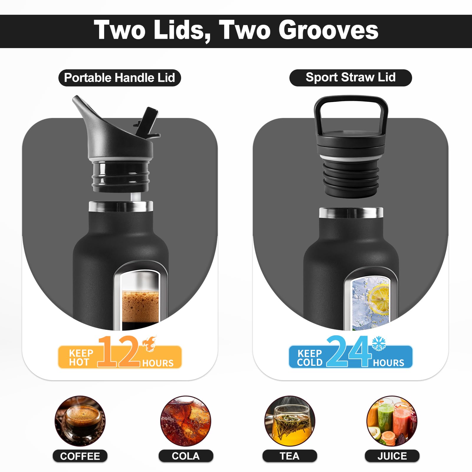 JAPORIA Borraccia Acciaio Inox 1L, Termos con Cannuccia, a prova di perdite, Riutilizzabile, senza BPA, Bottiglia per Uffici, Viaggio, Ciclismo