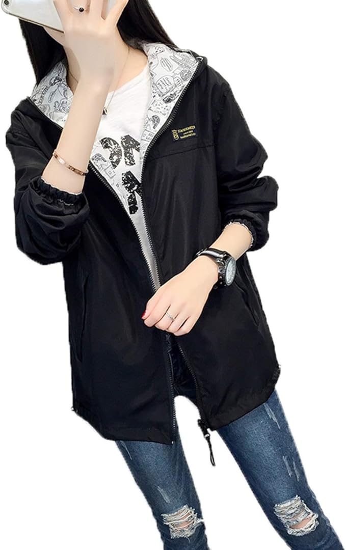 Amazon 春秋レディースフード付きジャケット レディースウインドブレーカー リバーシブルデザインパーカー トレンチコート ウインドブレーカー レディース ナイロン 多色 通気 マウンテンパーカー 女性 軽量 アウトドア ジャケット 防風 防水 春秋用 コート