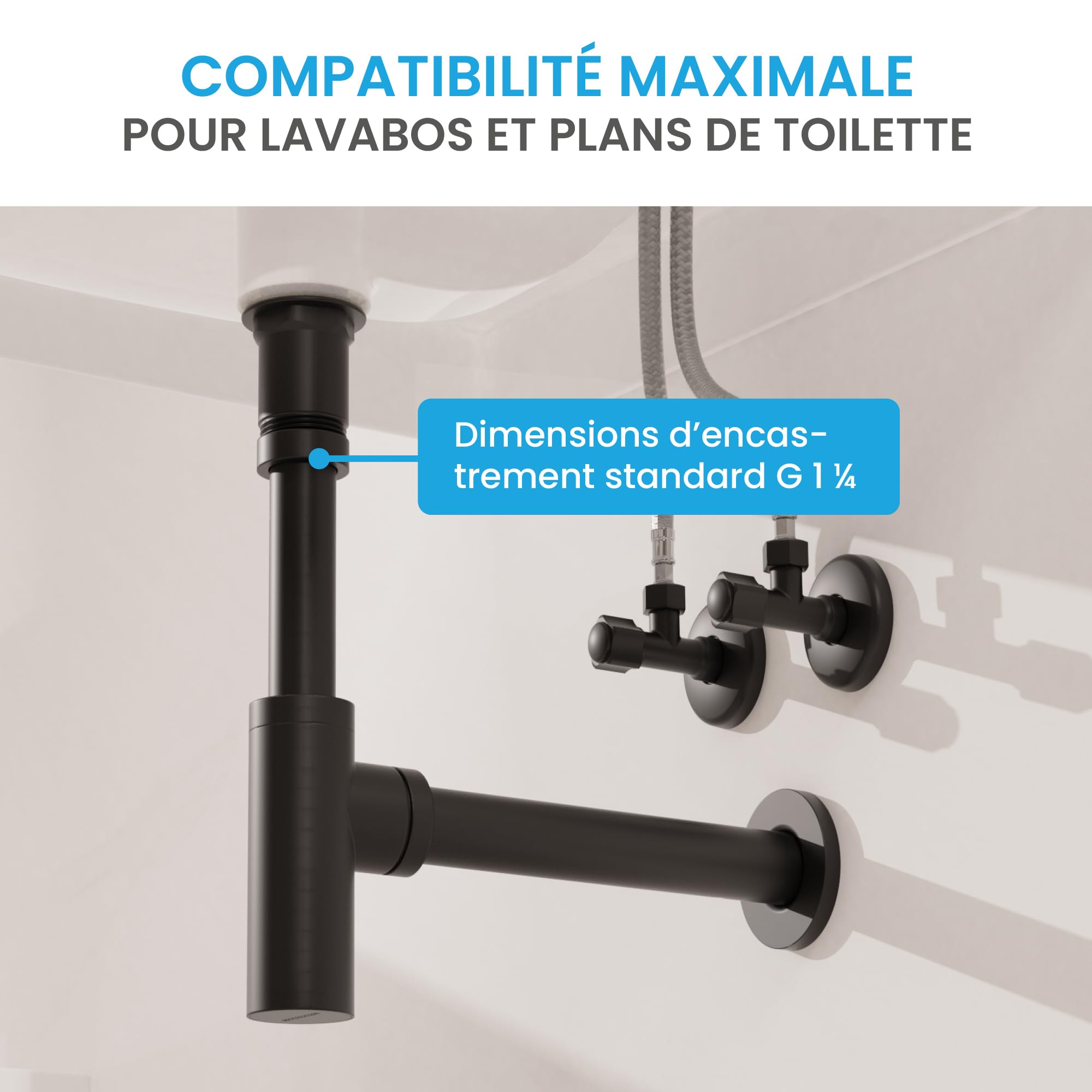 Bächlein Siphon Universel pour Lavabo et Évier – Bonde de Lavabo Design – Siphon Adaptable – Siphon Anti-Odeur avec Orifice de Nettoyage + Mode d’Emploi - Mat Noir