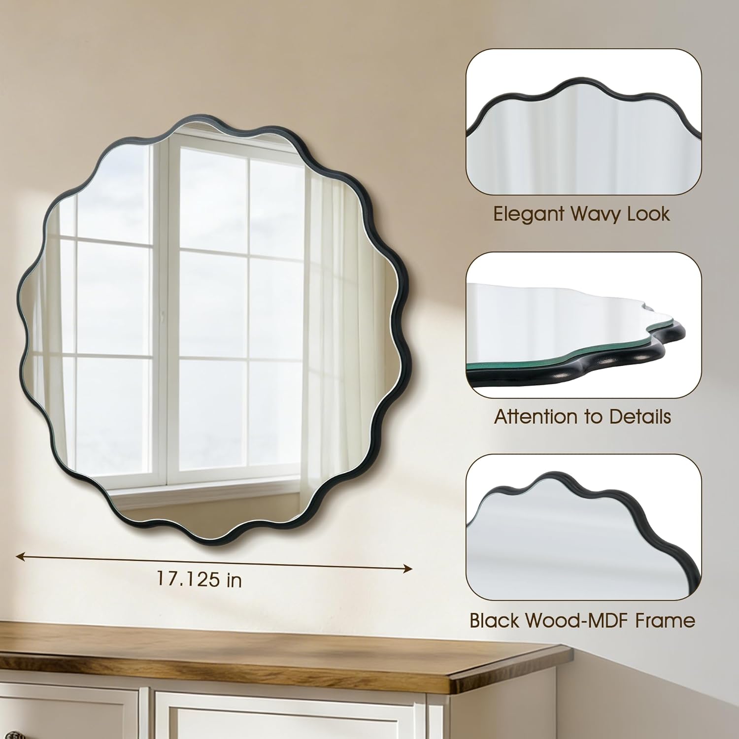 Round Wavy Black Mirror 17" Wall Decorative Mirror Wood Frame Circle Modern Mirror Bathroom Vanity Mirror for Bathroom Entryway Living Room Bedroom Hallway