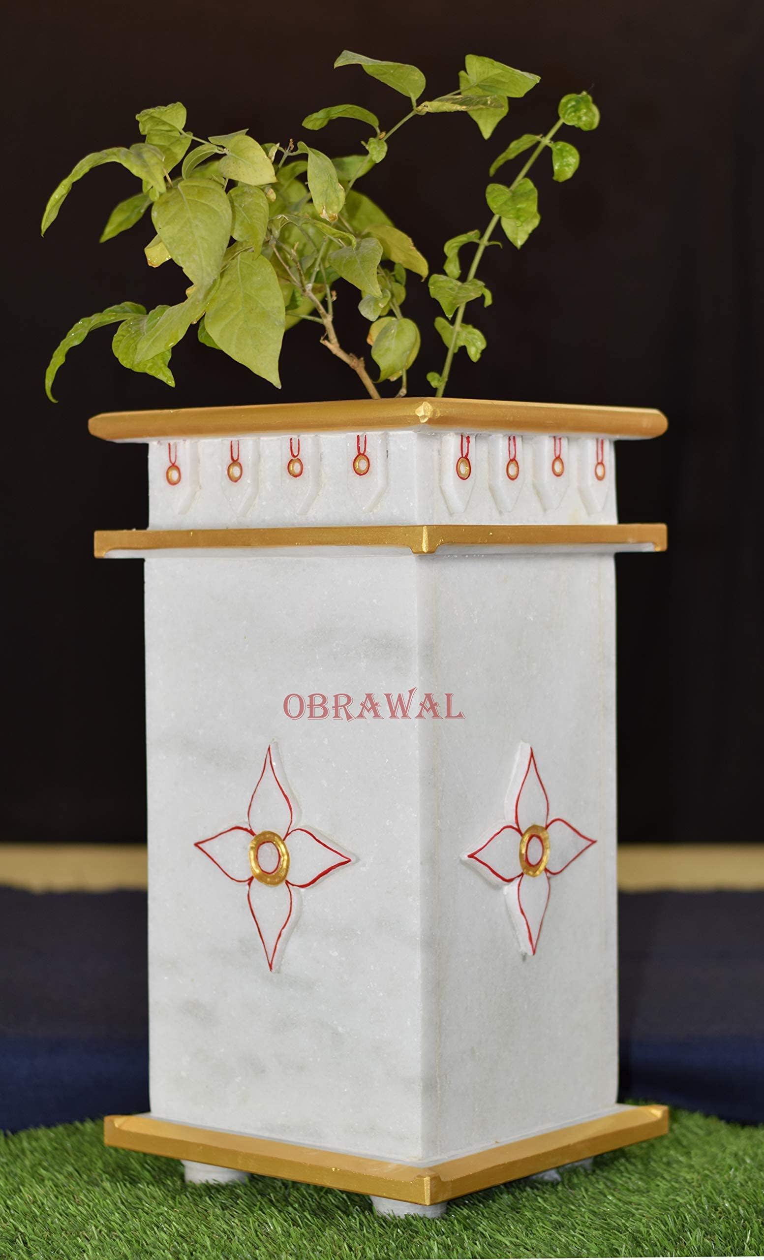 OBRAWAL Marble Tulsi Pot | Tulsi Planter | Gardening Tulsi Planter | White Marble | Handpainted - 17" - 17x9x9 inch, Approx. [HxLxW]