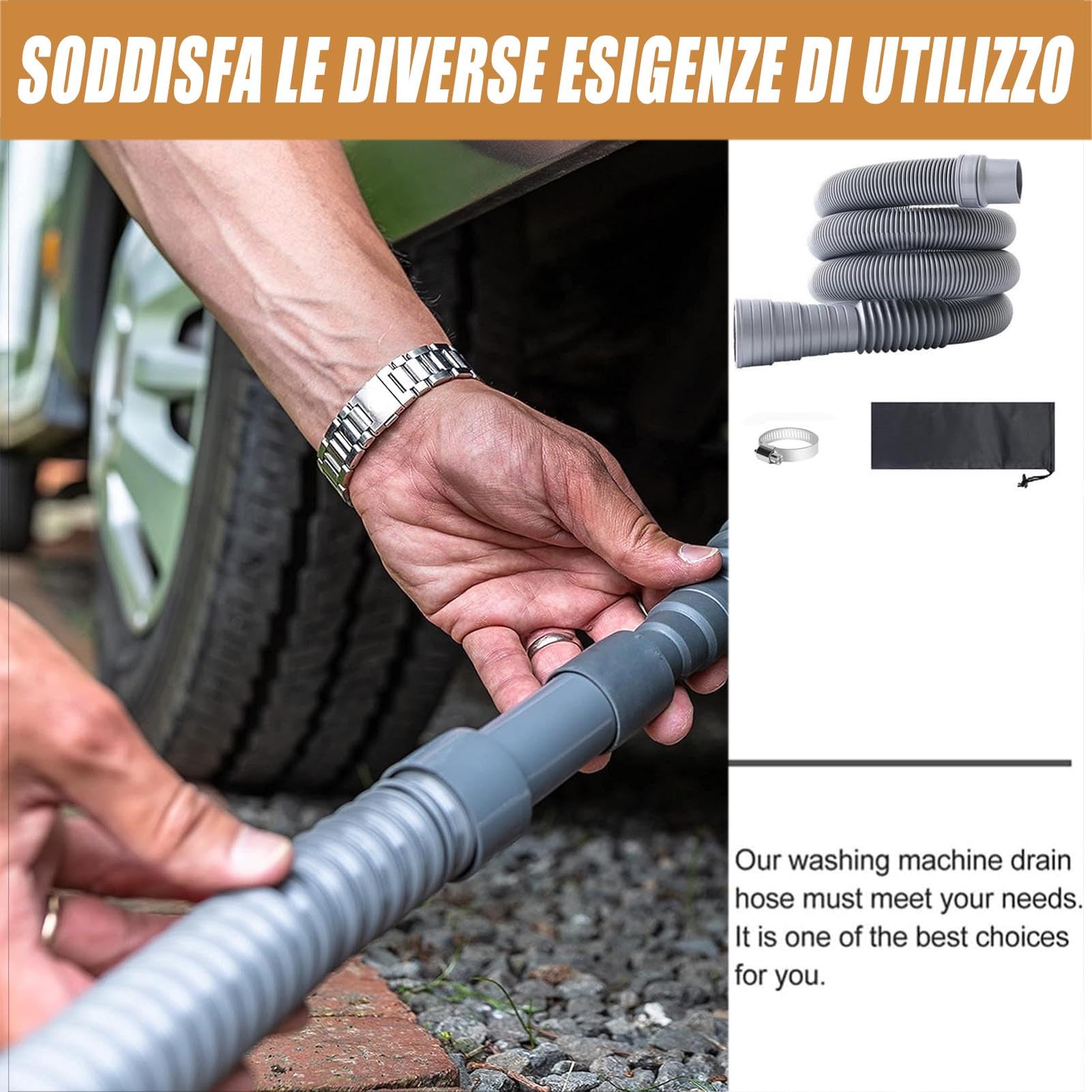 Tubo di Scarico Piegehevole per Camper con Adattatore Regolabile - Kit Scarico Acque Reflue per Roulotte, Lavatrice e Autocaravan (Accessorio Multiuso) (30 m)