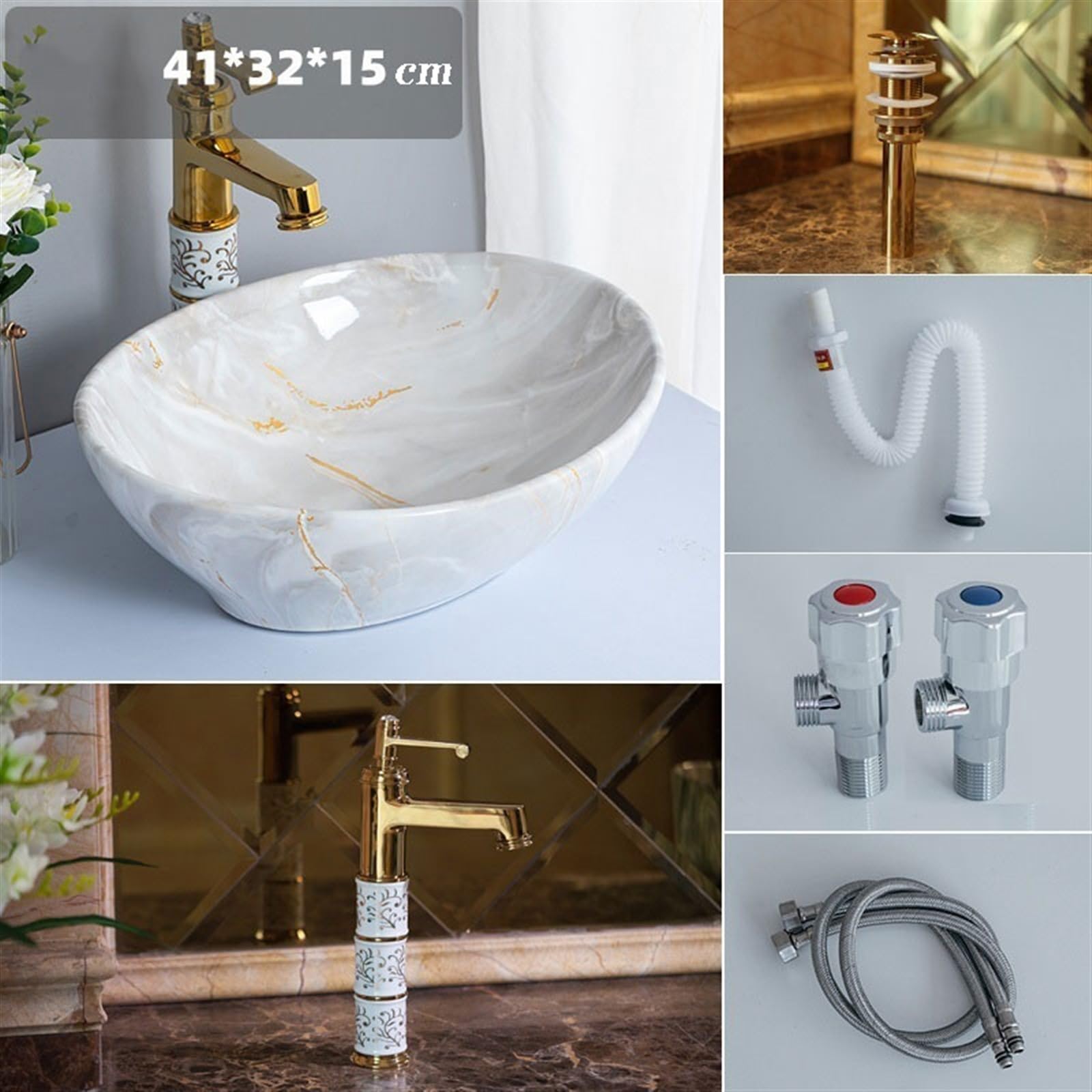 Lavabo de tocador Art Basin Lavabos de baño pequeños, Lavabo con encimera de cerámica con Textura de mármol de imitación, Lavabo con Accesorios Lavabo de baño