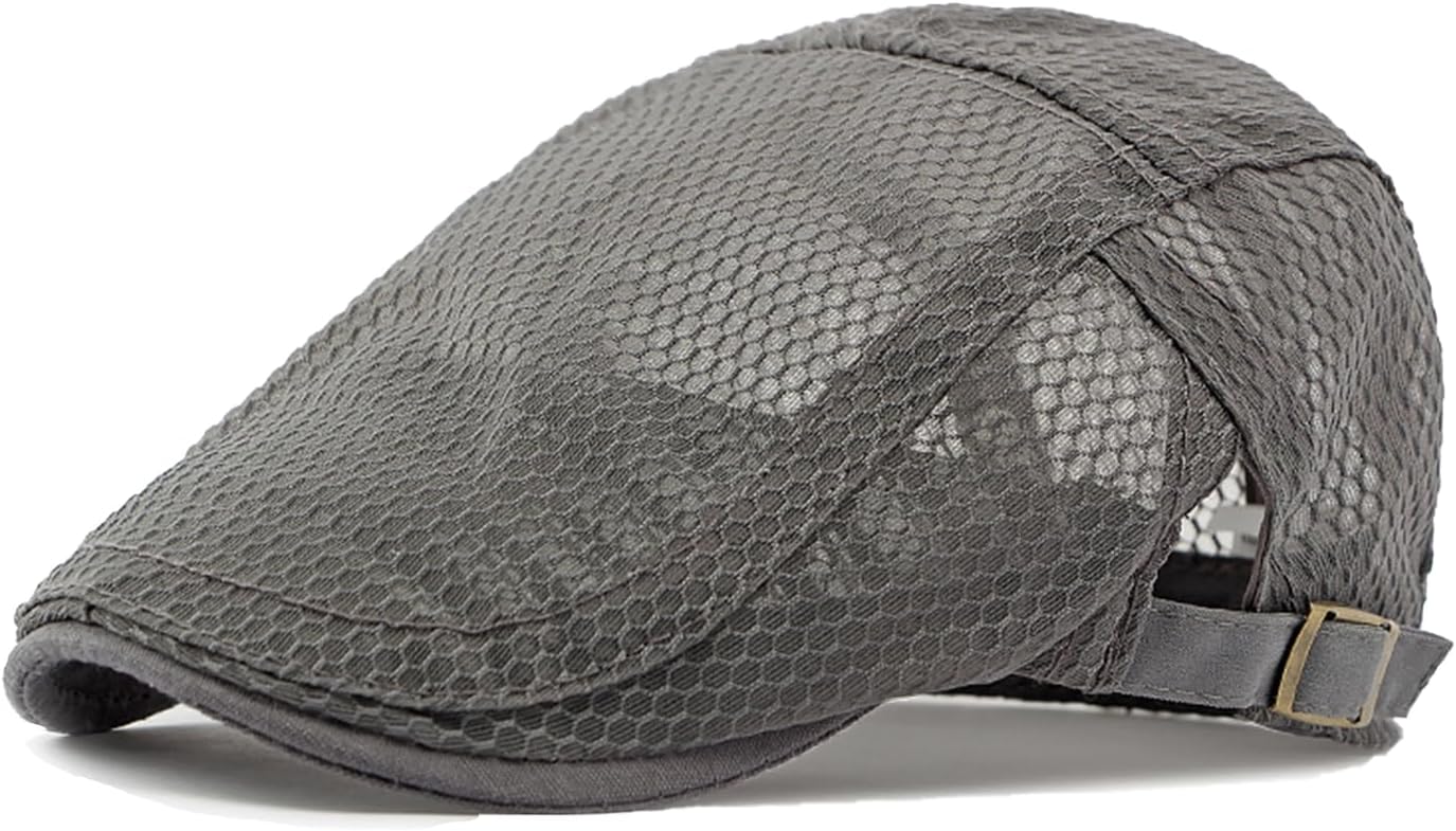 Mens Breathable Mesh Summer Hat Adjustable Flat Cap Newsboy Cabbie Driving Hunting Hats