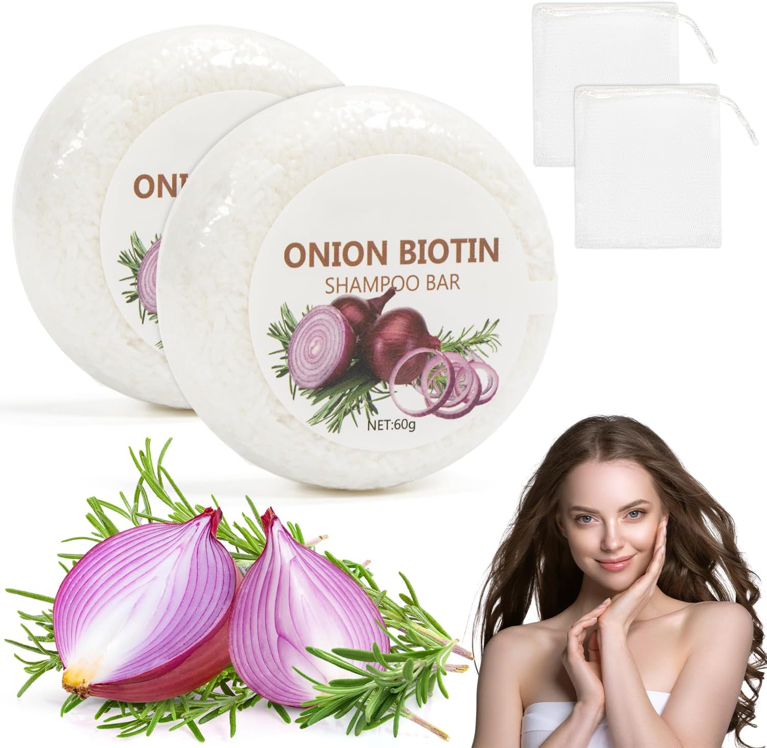 Onion Biotin Shampoo Bar, 60 g, Onion Shampoo Bar for Hair Growth, Nutrition and Volume. Suitable for Women, Men and All Hair Types (White)