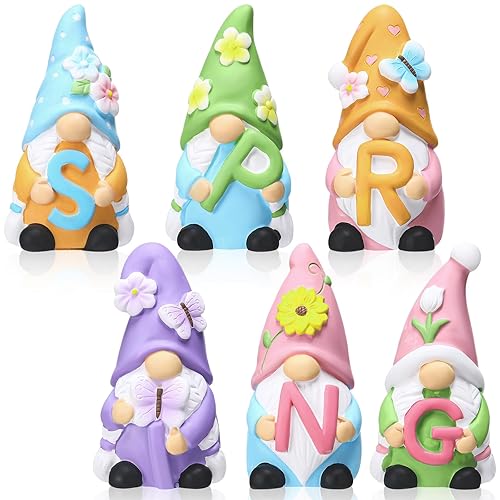 Wesiti 6 Pcs 4''H Spring Ceramics Gnomes Decorations Garden Flowers Ornaments Handmade Holding Letters gnome Figurines Welcome Spring Sign for Home Table Decor Gifts
