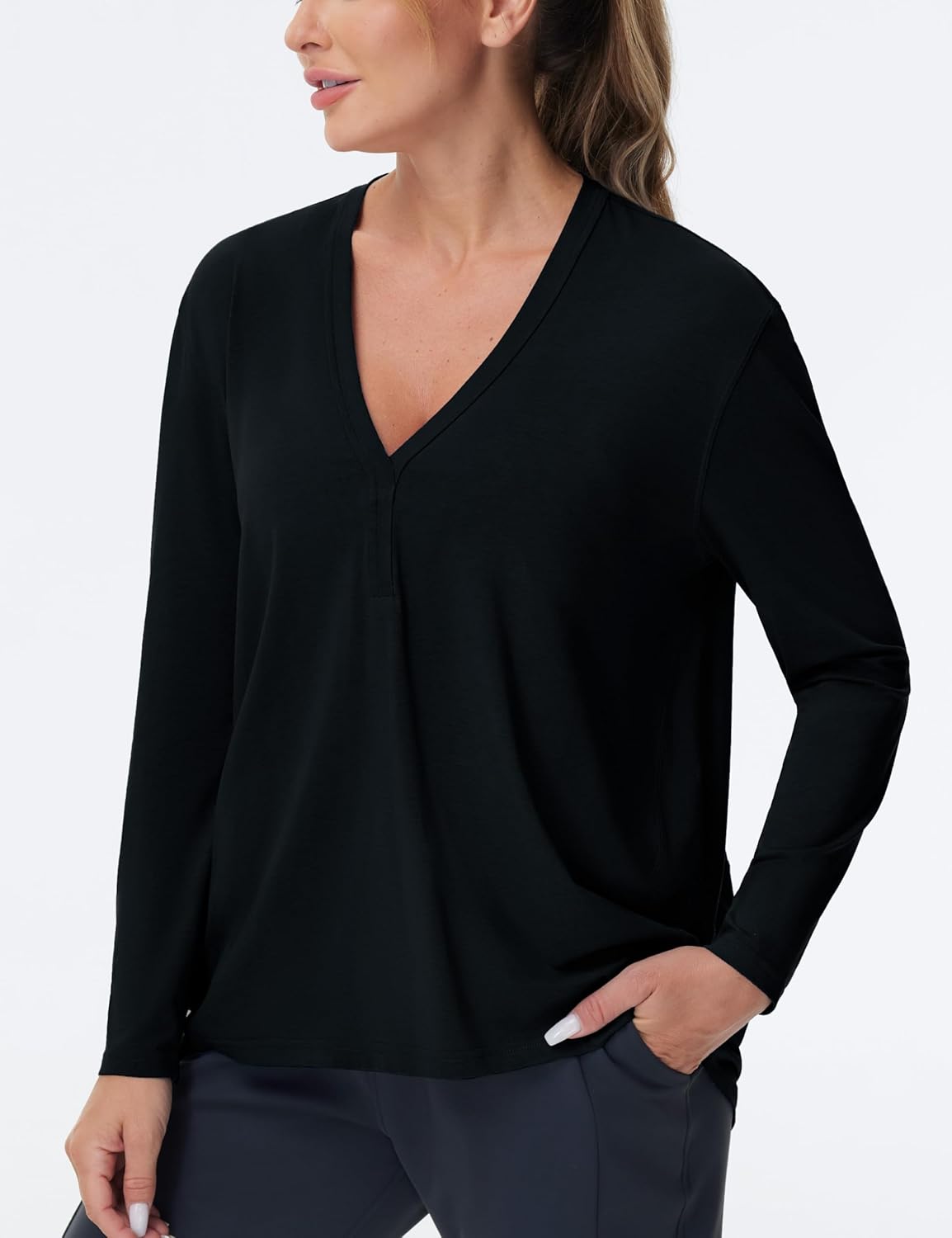 THE GYM PEOPLE Women's Long Sleeve Workout Shirts Loose Fit V-Neck Running T-Shirts Tops - Image 3